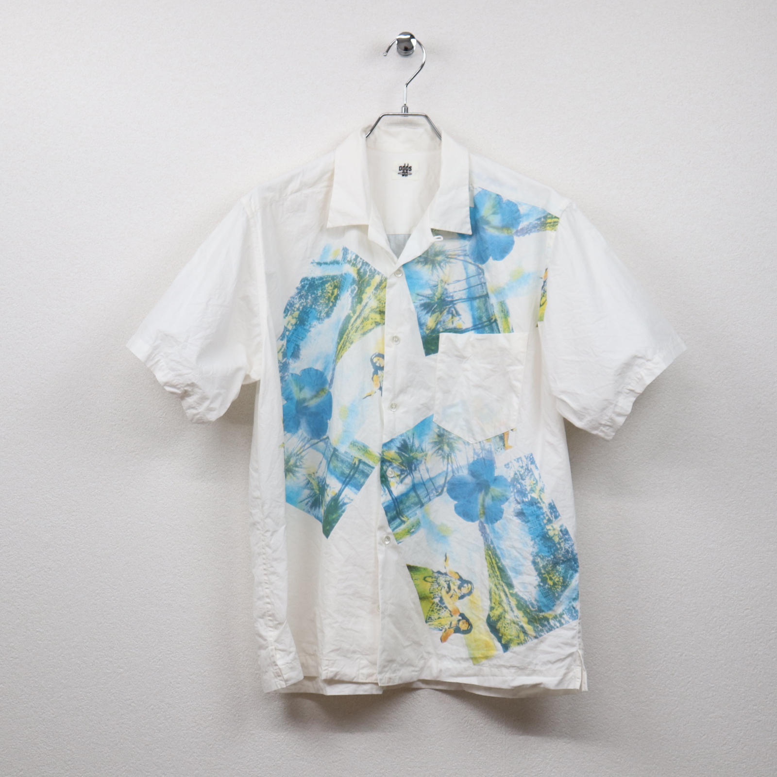 オッズオン（odds on）ハワイアンプリント柄半袖オープンシャツ フリーサイズ コンディションB ホワイト 価格1,980(税込)売切れ