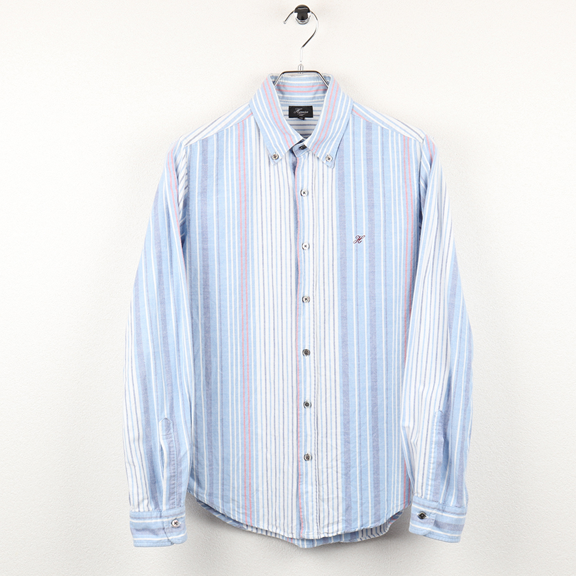HARRIS ハリス メンズ 長袖オックスフォードストライプボタンダウンシャツ ワンポイントH刺繍 Mサイズ ブルー系 2,200円
