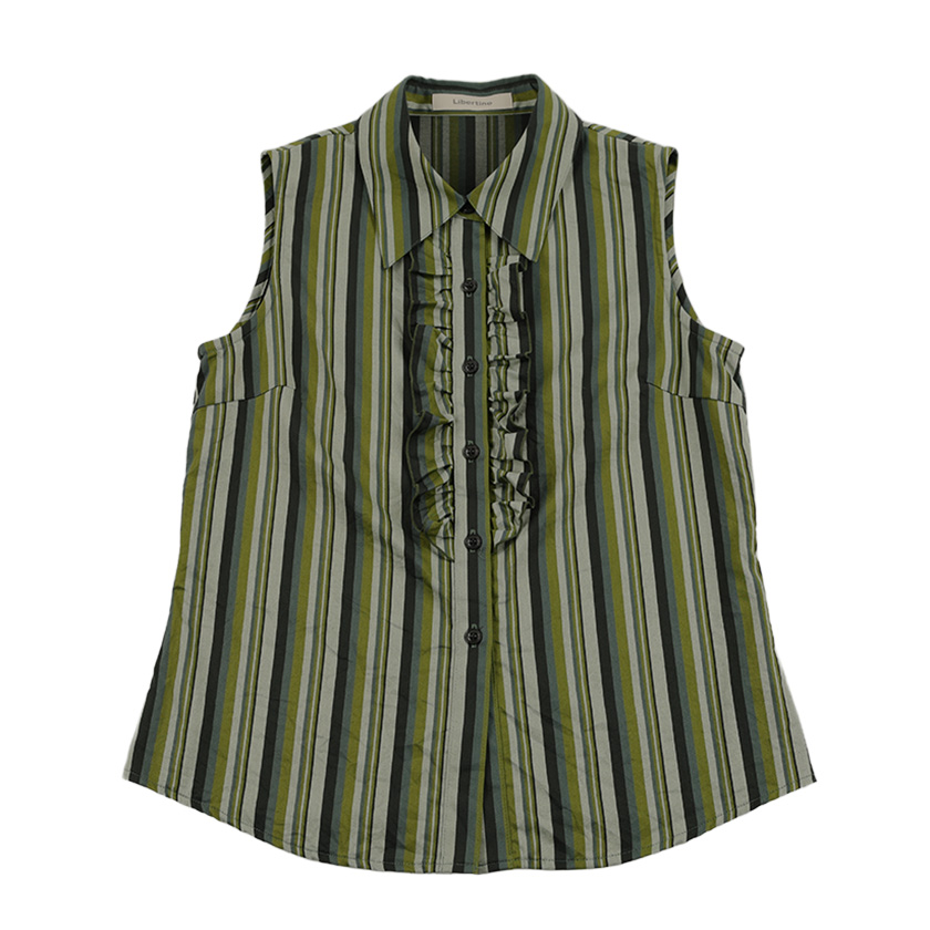90’s Libertine リベルティンヌ フリル付きノースリーブブラウス T2(M)サイズ グリー系（ジャンク商品）3,300円