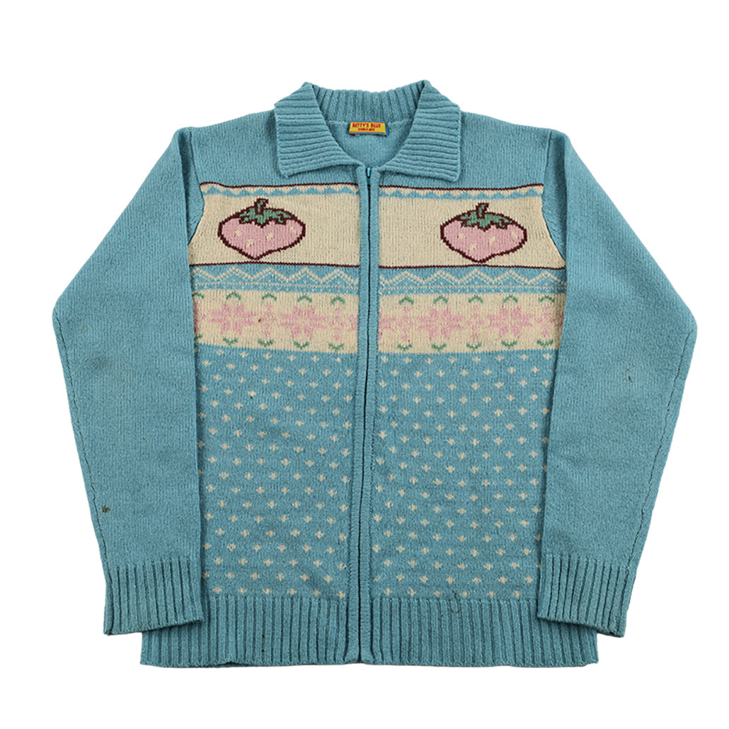 00’s BETTY’S BLUE ベティーズブルー ジャガード柄ジップニットブルゾン  9号(M)サイズ サックスブルーベース（ジャンク商品）3,300円 売切れ