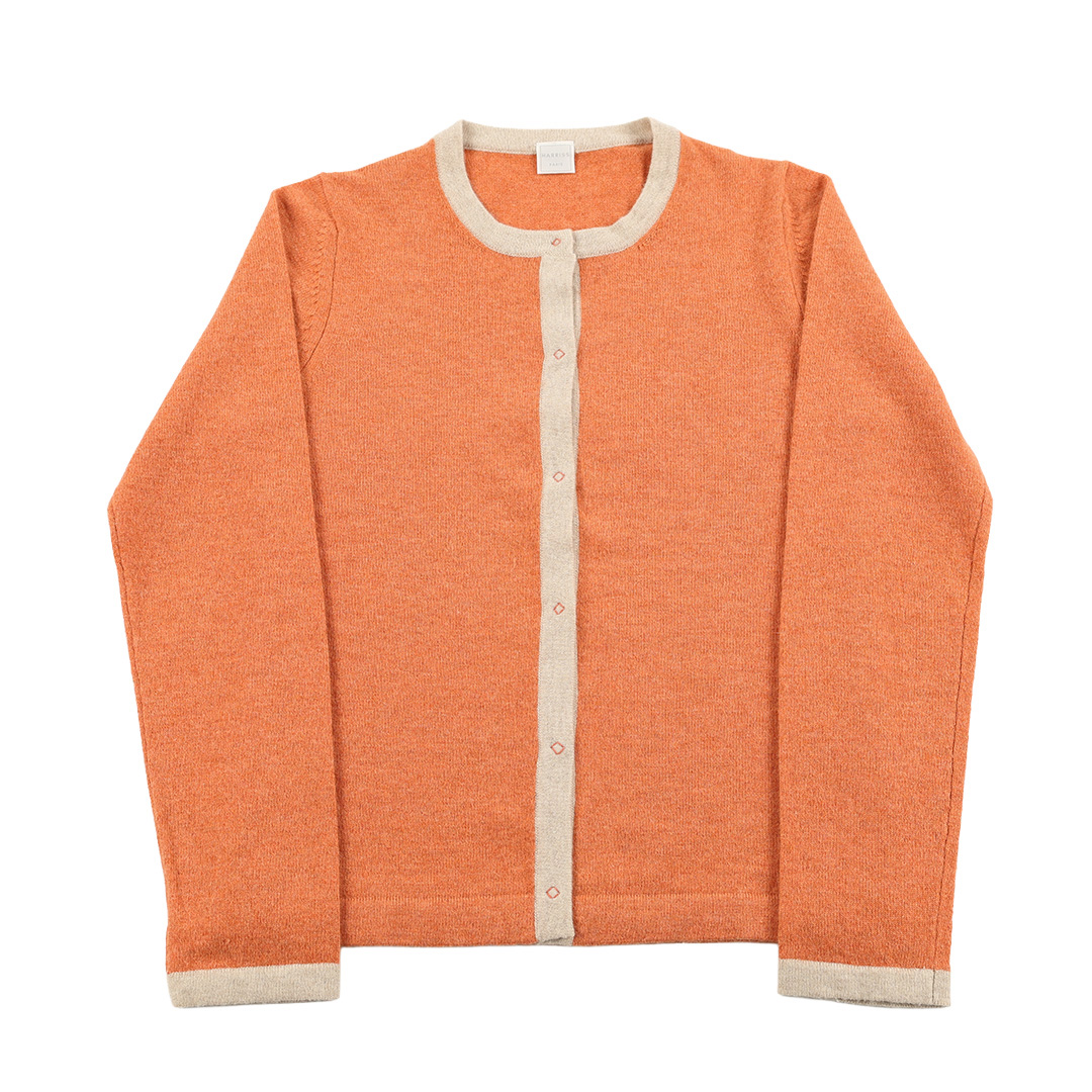 00’s Harriss ハリス カシミヤ混レディースクレリッククルーネックニットカーディガン フリーサイズ オレンジベース（ジャンク商品）3,300円