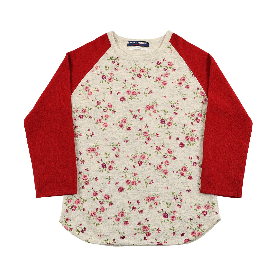 00’s MARINE FRANÇAISE マリンフランセーズ 小花柄プリントラグランスリーブ8分袖セーター フリーサイズ グレー杢ベース花柄プリント / レッド（ジャンク商品）3,300円