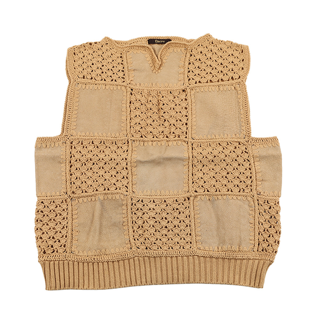 90’s Nacre ナクル レディース豚革×レース編みパッチワーク風ベスト フリーサイズ ベージュ×マスタード（ジャンク商品）3,300円