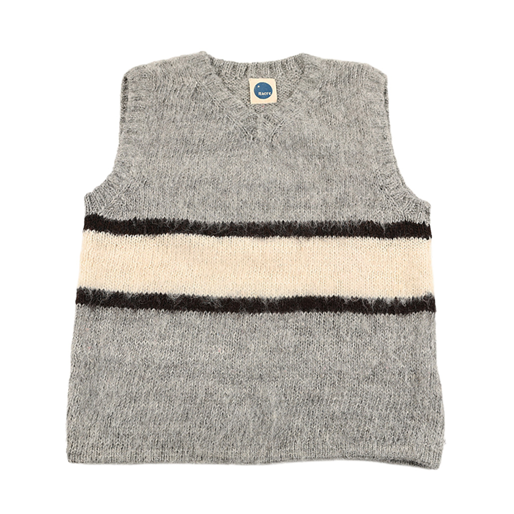 90’s Nacre ナクル シャギーアルパカクルーネック胸ボーダー柄ニットベスト フリーサイズ グレーベース（ジャンク商品）3,300円
