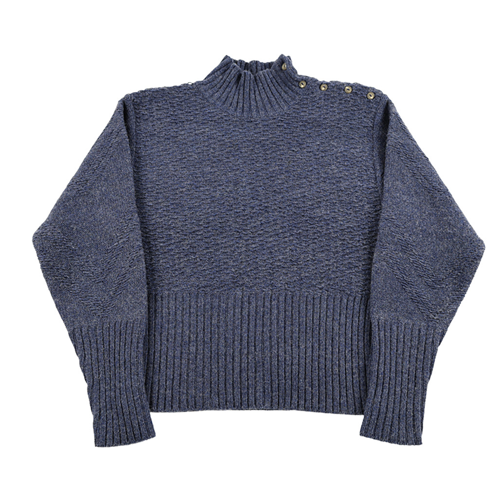 90’s ONE STEP ワンステップ レディース肩ボタンハイネックデザインニットトップス Sサイズ ネイビー（ジャンク商品）3,300円