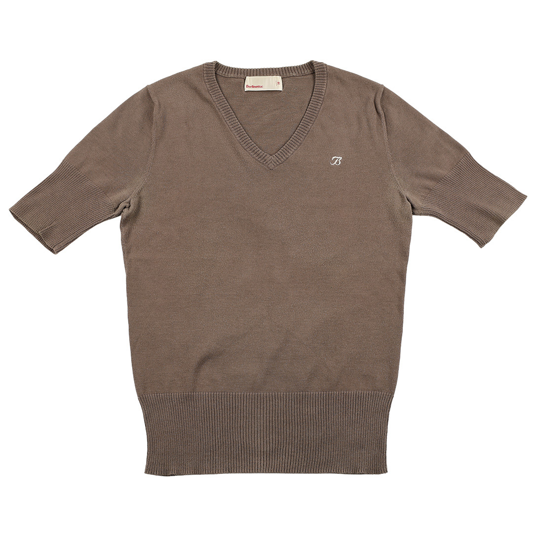 00’s Berlinetta: ベルリネッタ  ワンポイントマーク付き半袖Vネックコットンニット 38(M)サイズ モカブラウン（ジャンク商品）3,300円