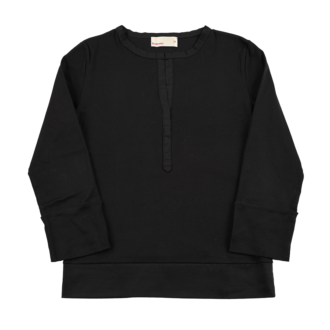 00’s Berlinetta: ベルリネッタ  別布パイピングVネックコットン8分袖カットソー 38(M)サイズ ブラック（ジャンク商品）