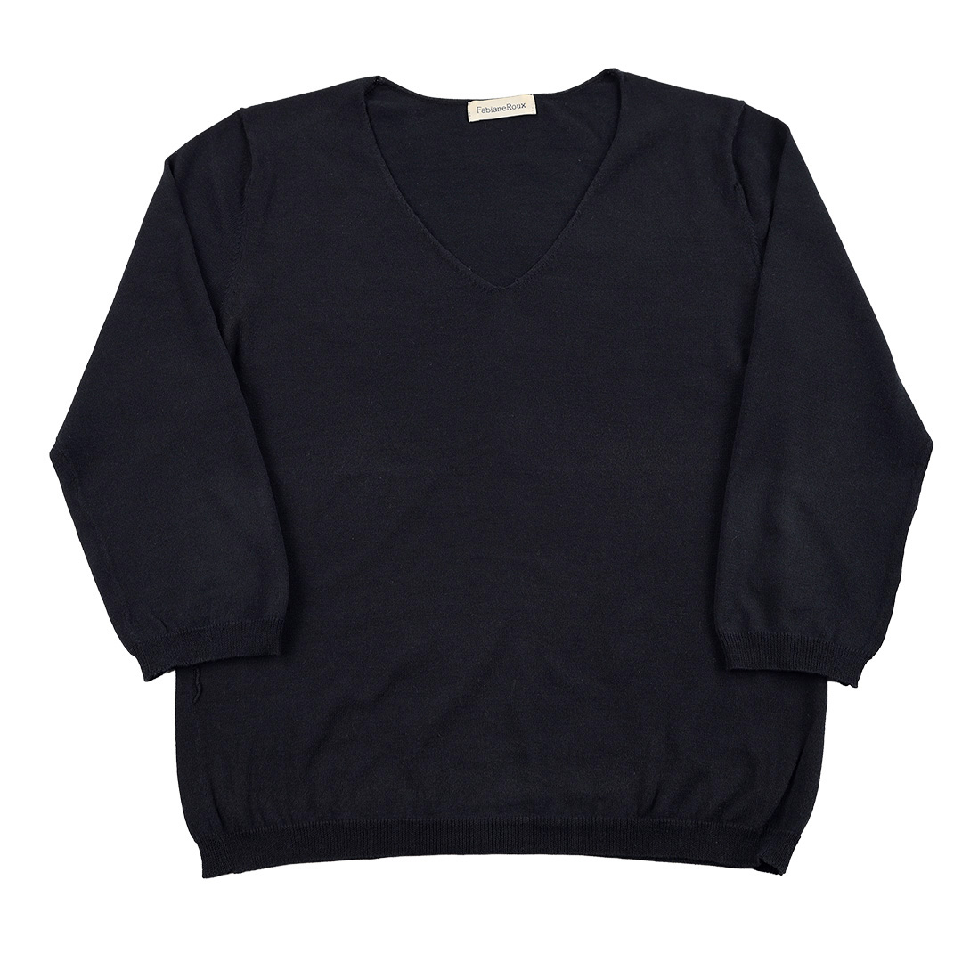 00’s FabianeRoux ファビアンルー 7分袖Vネックコットンニット フリーサイズ ネイビー（ジャンク商品）3,300円