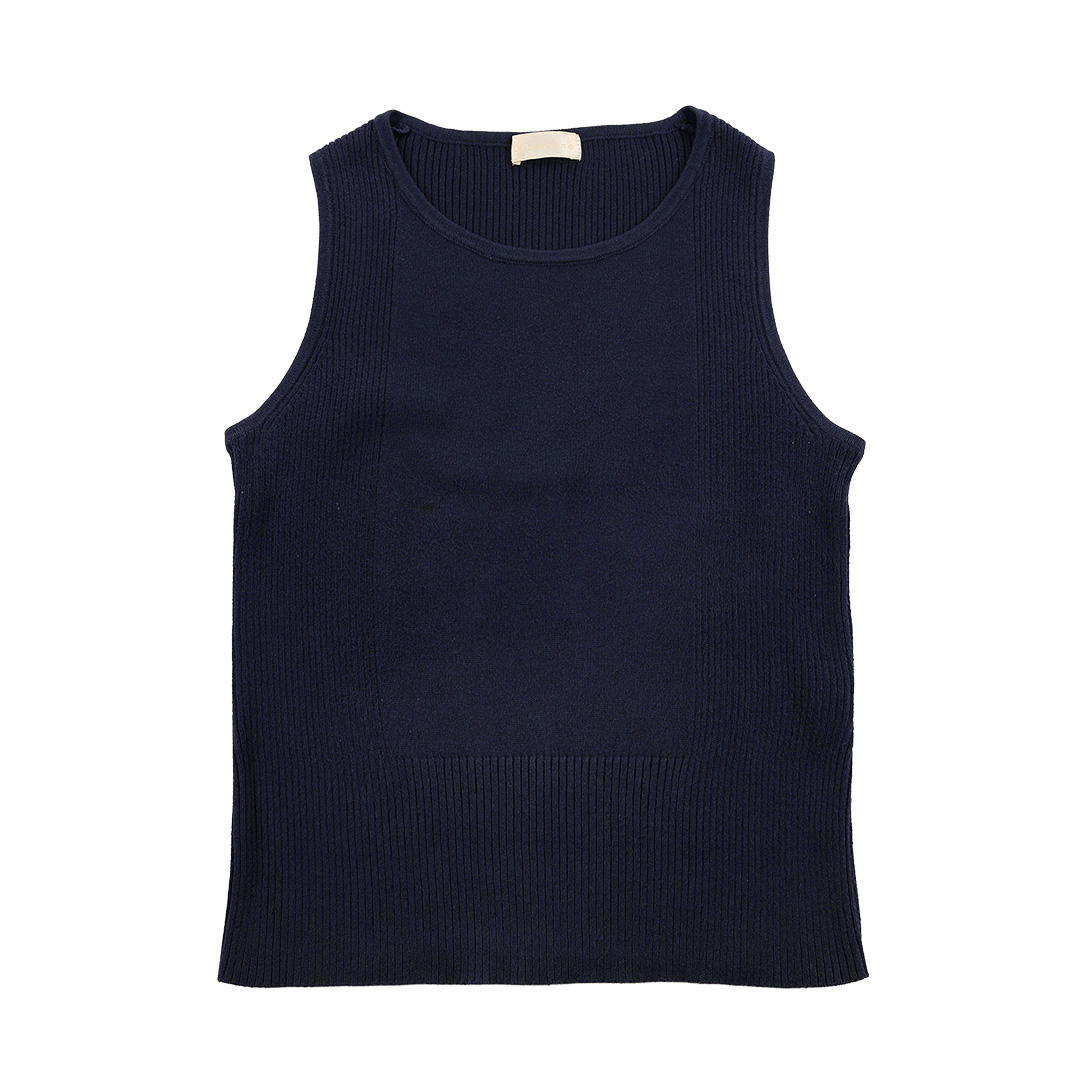 00’s Libertine リベルティンヌ リブ編みクルーネックコットンノースリーブニット 38(M)サイズ ネイビーブルー（ジャンク商品）3,300円