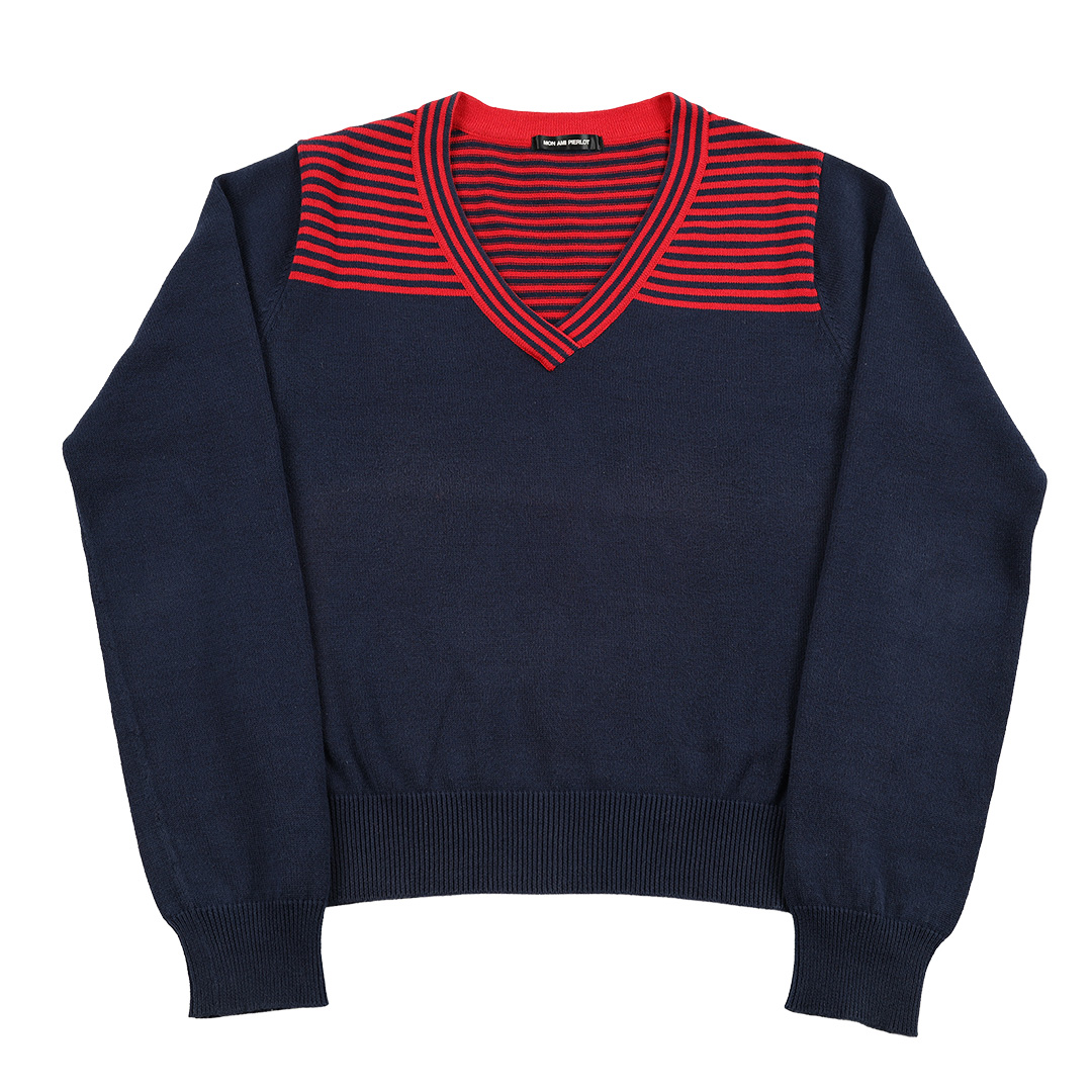 00’s MON AMI PIERLOT モナミピエルロ  胸ボーダーVネックコットンニット フリーサイズ ネイビー / レッド（ジャンク商品）3,300円