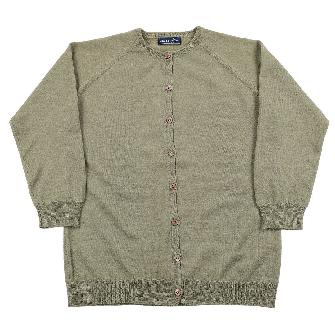 00’s NIMES ニーム  7分袖ウールクルーネックカーディガンニット フリーサイズ ライトグレイシュグリーン（ジャンク商品）3,300円